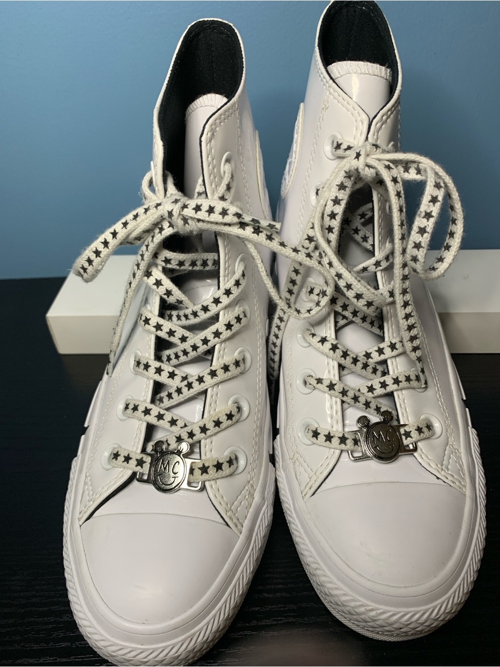 Converse Patent White High-Top All Star Sneakers with Black Logo Stars - Picture 2 of 7